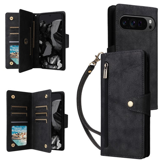 For Google Pixel 9 Pro Case Zipper Wallet Leather Stand Phone Cover Rivet Decor - Black