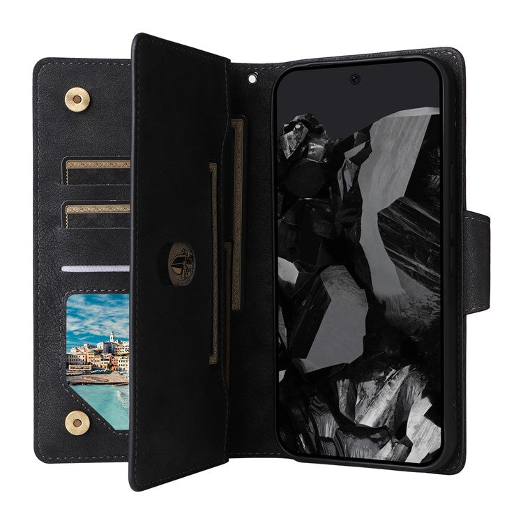 For Google Pixel 9 Pro Case Zipper Wallet Leather Stand Phone Cover Rivet Decor - Black