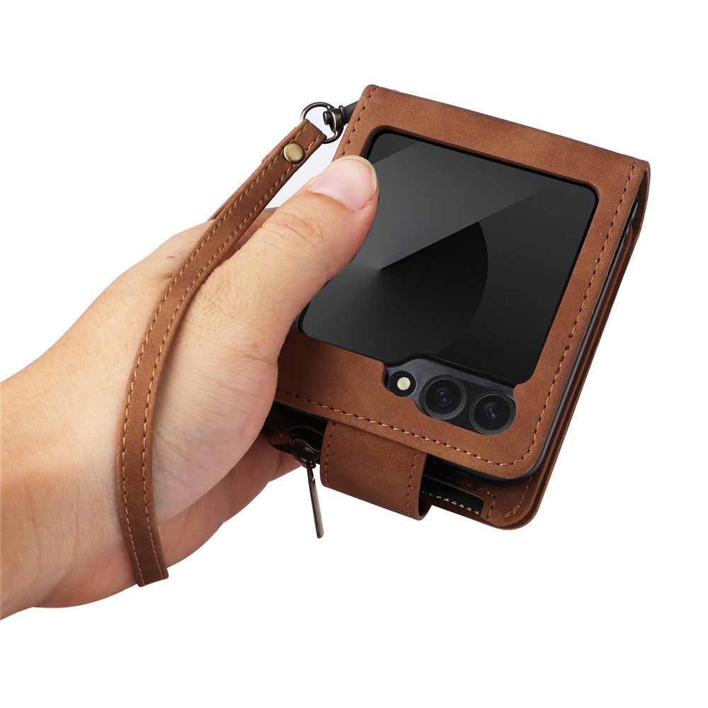 For Samsung Galaxy Z Flip7 FE 5G / Z Flip6 5G Leather Case Zipper Wallet Phone Cover with Shoulder Strap - Brown