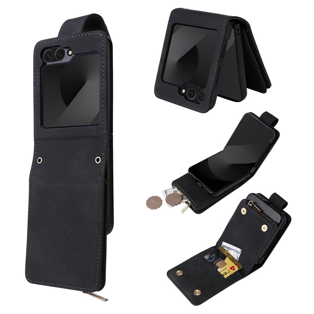 For Samsung Galaxy Z Flip7 FE 5G / Z Flip6 5G Leather Case Zipper Wallet Phone Cover with Shoulder Strap - Black