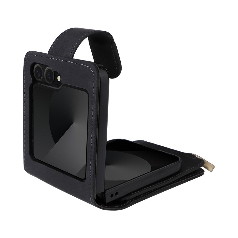 For Samsung Galaxy Z Flip7 FE 5G / Z Flip6 5G Leather Case Zipper Wallet Phone Cover with Shoulder Strap - Black