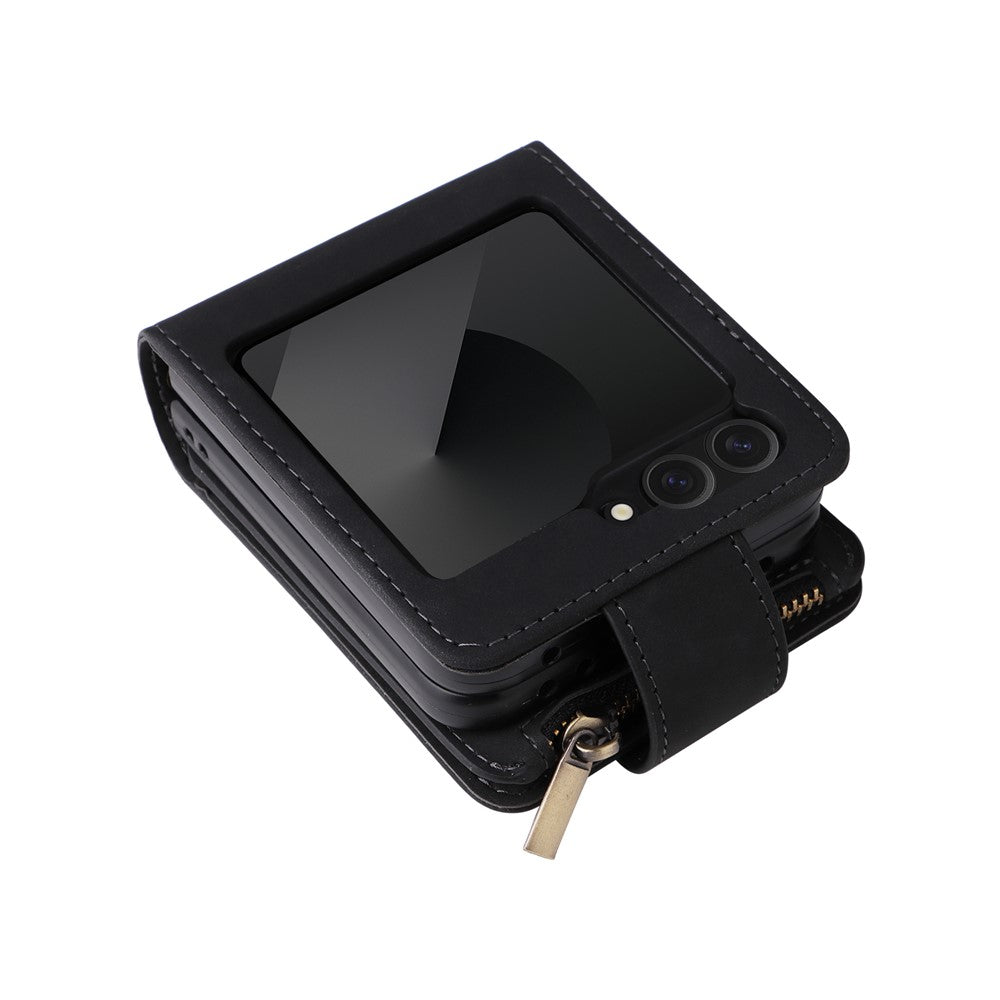 For Samsung Galaxy Z Flip7 FE 5G / Z Flip6 5G Leather Case Zipper Wallet Phone Cover with Shoulder Strap - Black