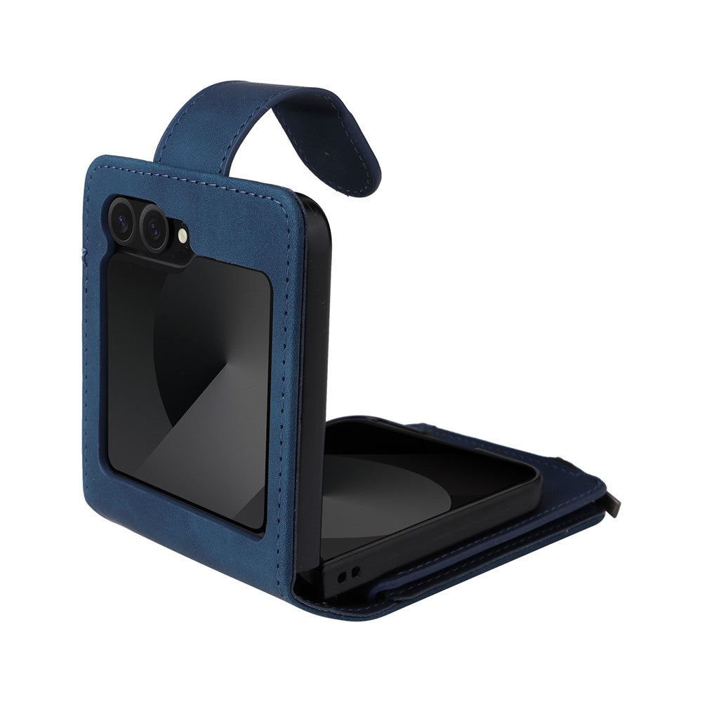 For Samsung Galaxy Z Flip7 FE 5G / Z Flip6 5G Leather Case Zipper Wallet Phone Cover with Shoulder Strap - Blue