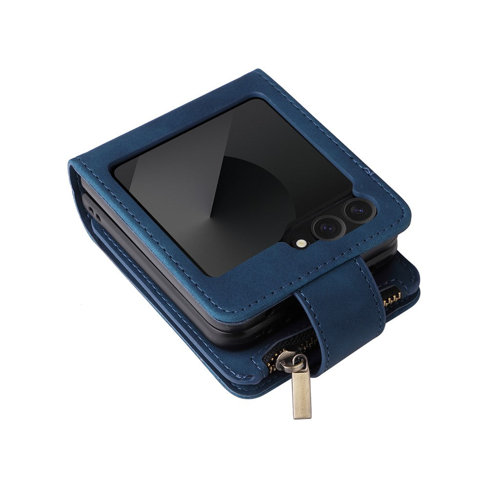 For Samsung Galaxy Z Flip7 FE 5G / Z Flip6 5G Leather Case Zipper Wallet Phone Cover with Shoulder Strap - Blue
