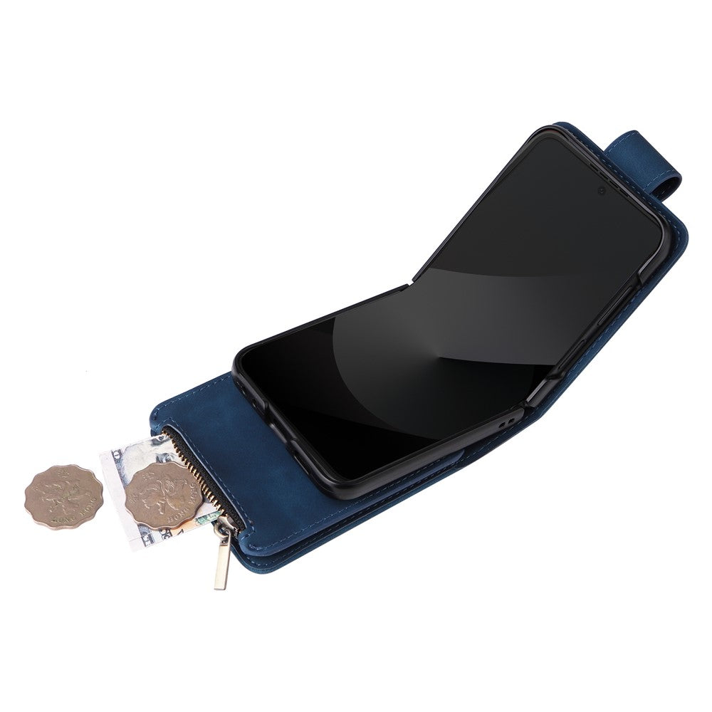 For Samsung Galaxy Z Flip7 FE 5G / Z Flip6 5G Leather Case Zipper Wallet Phone Cover with Shoulder Strap - Blue