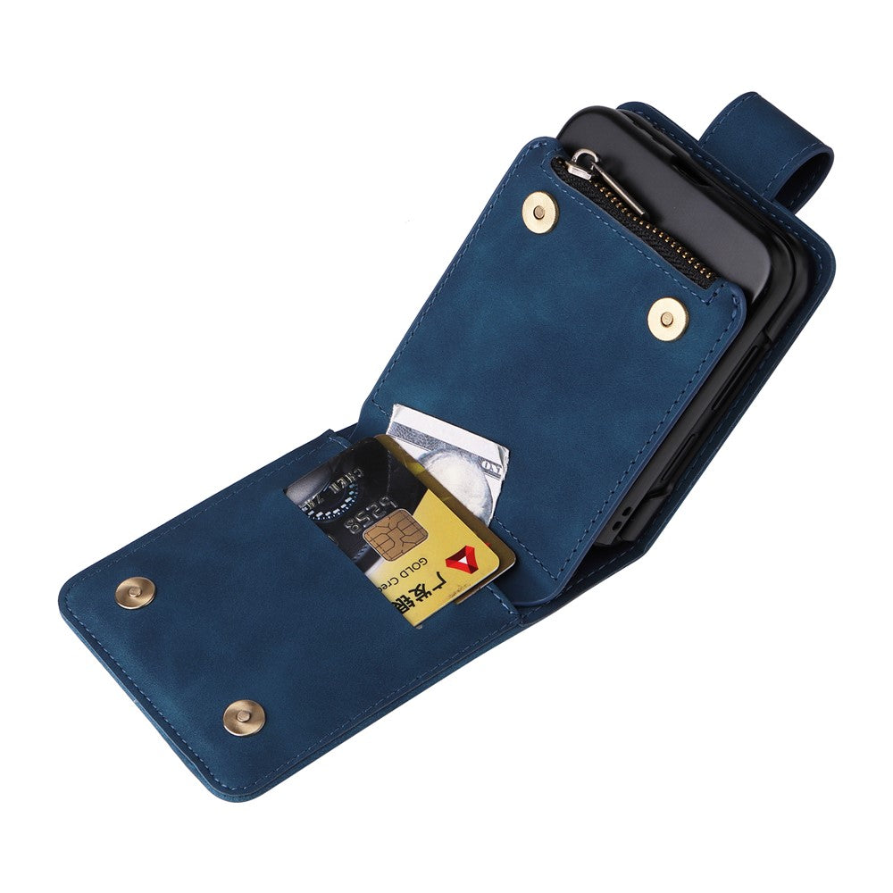 For Samsung Galaxy Z Flip7 FE 5G / Z Flip6 5G Leather Case Zipper Wallet Phone Cover with Shoulder Strap - Blue