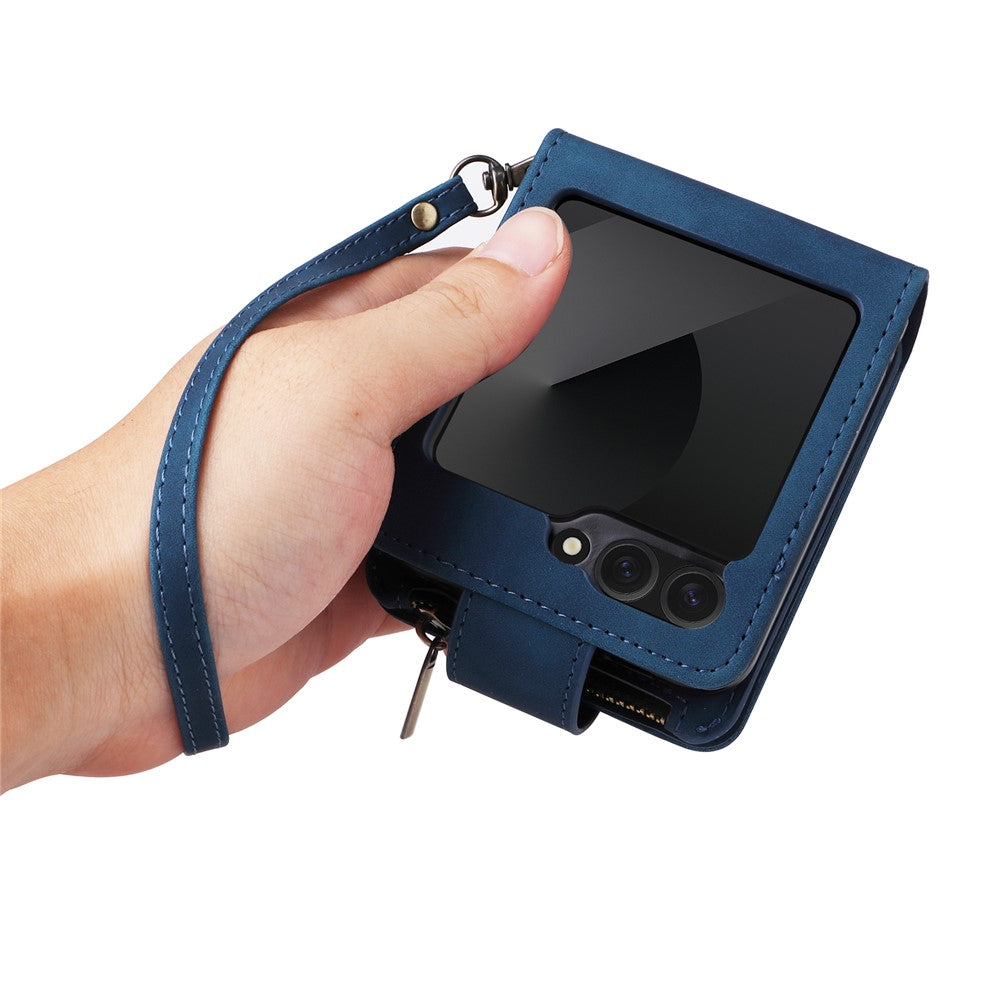 For Samsung Galaxy Z Flip7 FE 5G / Z Flip6 5G Leather Case Zipper Wallet Phone Cover with Shoulder Strap - Blue
