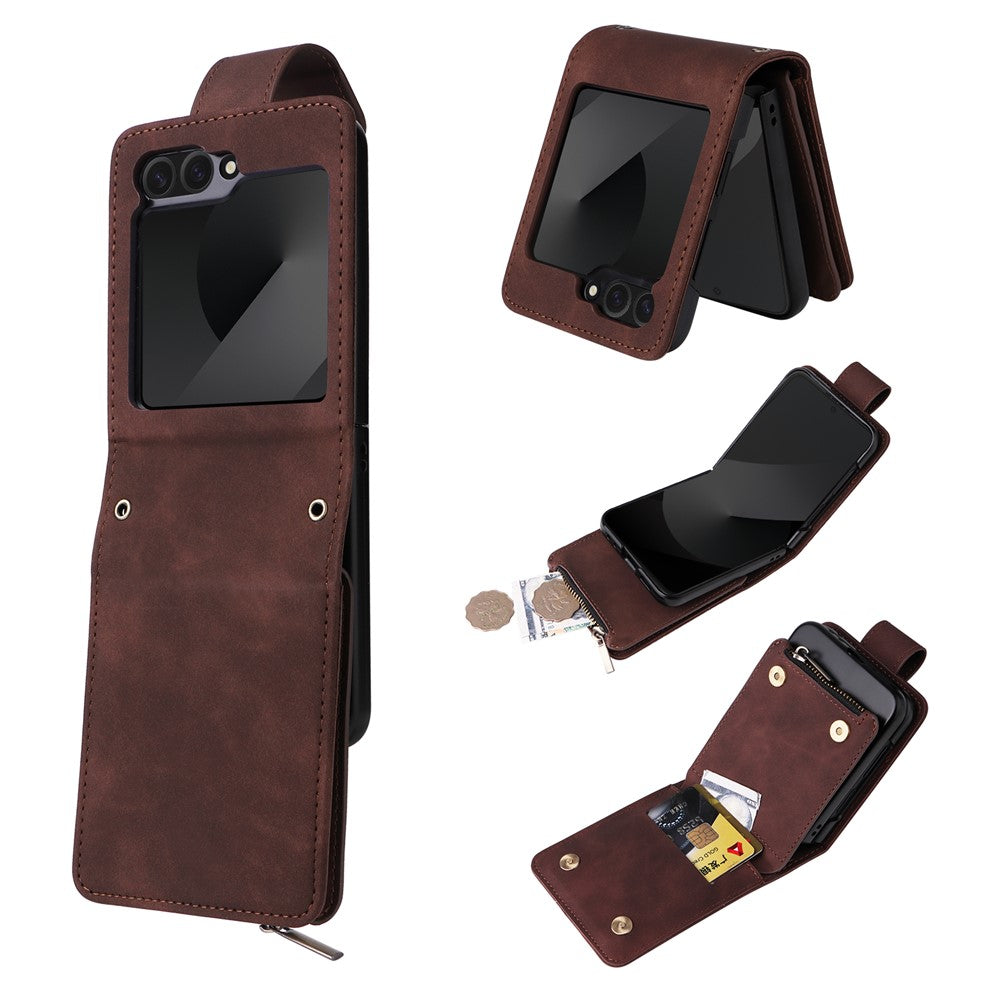 For Samsung Galaxy Z Flip7 FE 5G / Z Flip6 5G Leather Case Zipper Wallet Phone Cover with Shoulder Strap - Coffee
