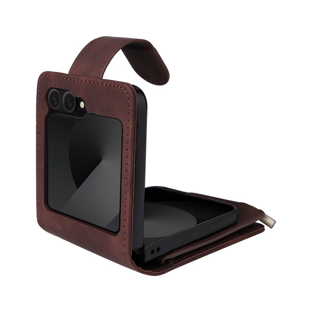 For Samsung Galaxy Z Flip7 FE 5G / Z Flip6 5G Leather Case Zipper Wallet Phone Cover with Shoulder Strap - Coffee
