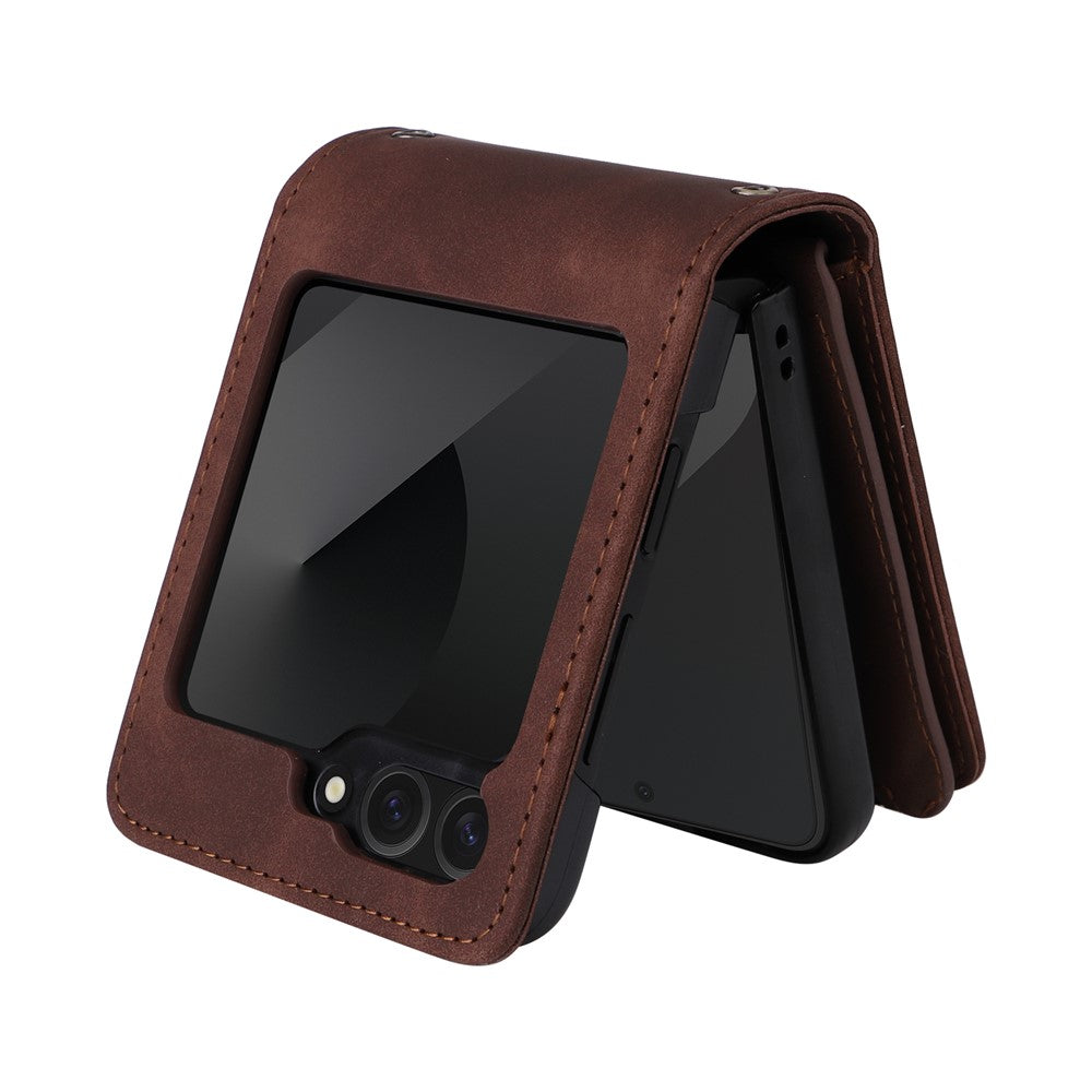 For Samsung Galaxy Z Flip7 FE 5G / Z Flip6 5G Leather Case Zipper Wallet Phone Cover with Shoulder Strap - Coffee