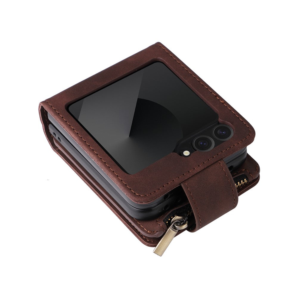For Samsung Galaxy Z Flip7 FE 5G / Z Flip6 5G Leather Case Zipper Wallet Phone Cover with Shoulder Strap - Coffee