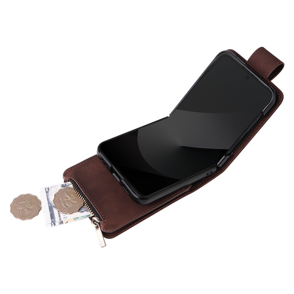 For Samsung Galaxy Z Flip7 FE 5G / Z Flip6 5G Leather Case Zipper Wallet Phone Cover with Shoulder Strap - Coffee