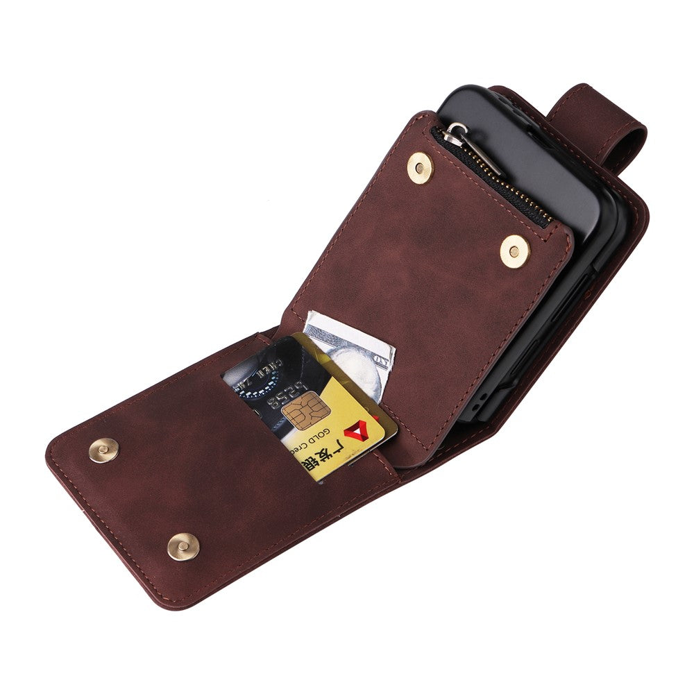 For Samsung Galaxy Z Flip7 FE 5G / Z Flip6 5G Leather Case Zipper Wallet Phone Cover with Shoulder Strap - Coffee