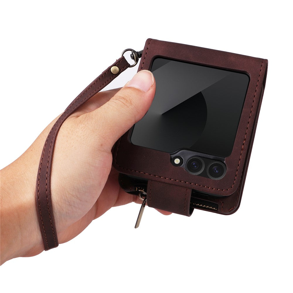 For Samsung Galaxy Z Flip7 FE 5G / Z Flip6 5G Leather Case Zipper Wallet Phone Cover with Shoulder Strap - Coffee