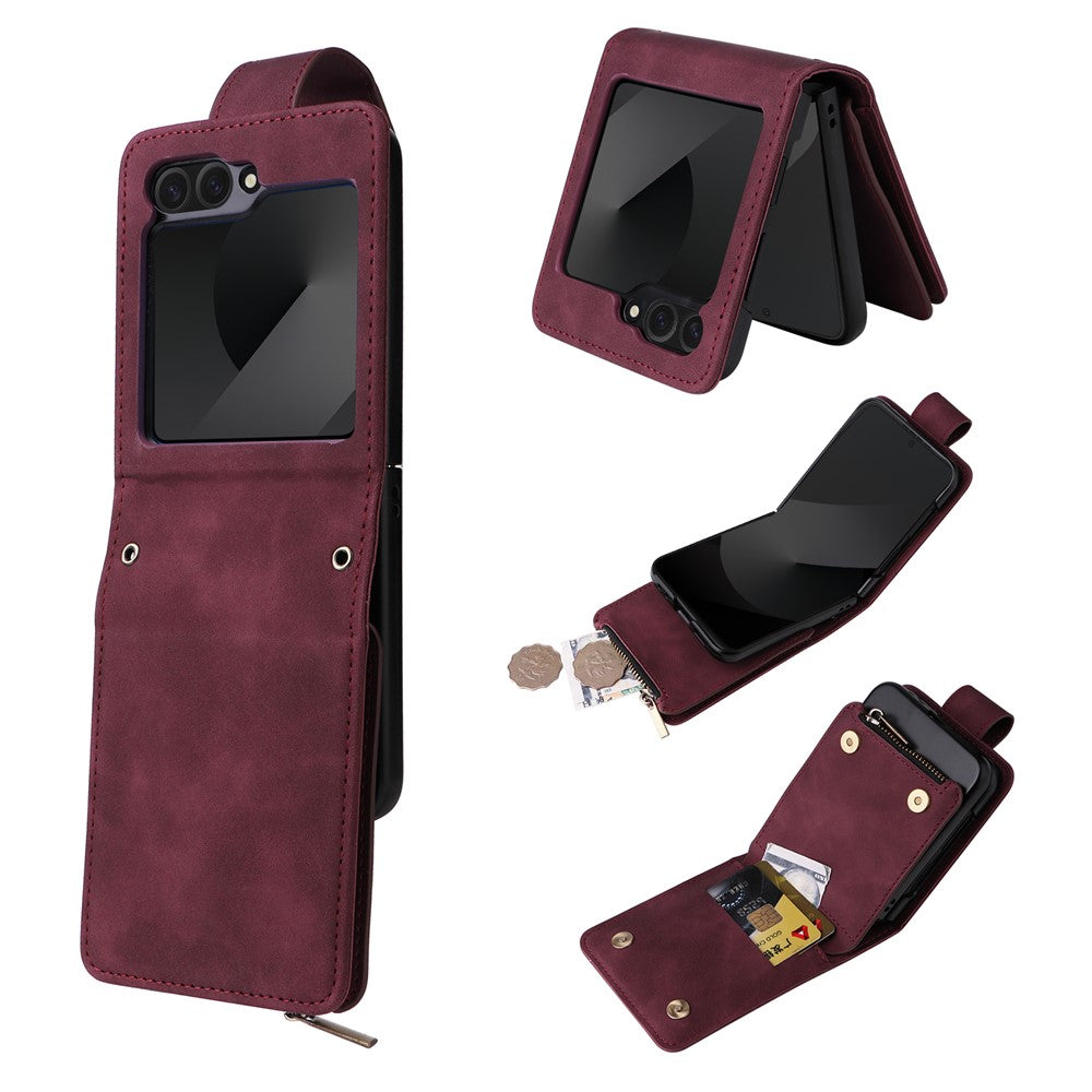 For Samsung Galaxy Z Flip7 FE 5G / Z Flip6 5G Leather Case Zipper Wallet Phone Cover with Shoulder Strap - Wine Red