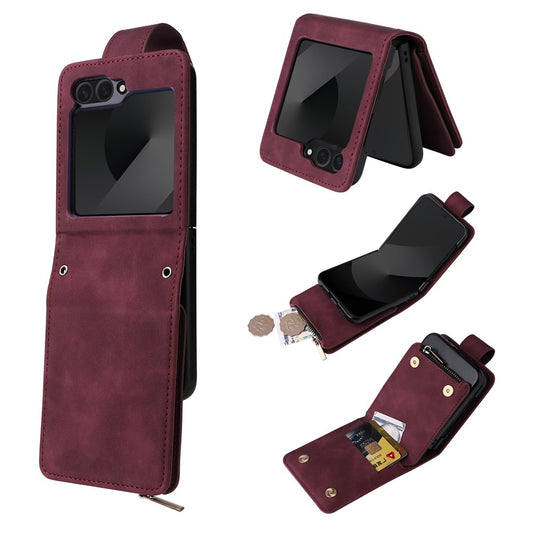 For Samsung Galaxy Z Flip7 FE 5G / Z Flip6 5G Leather Case Zipper Wallet Phone Cover with Shoulder Strap - Wine Red