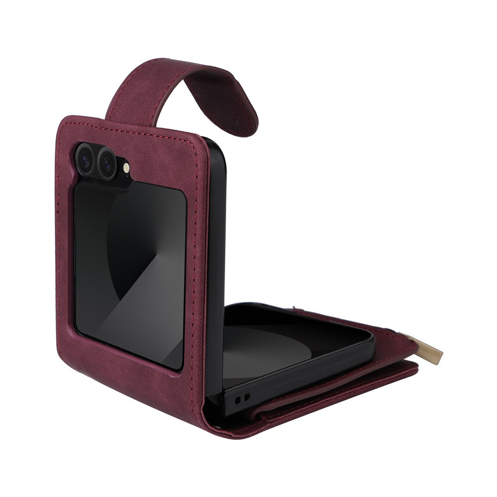 For Samsung Galaxy Z Flip7 FE 5G / Z Flip6 5G Leather Case Zipper Wallet Phone Cover with Shoulder Strap - Wine Red
