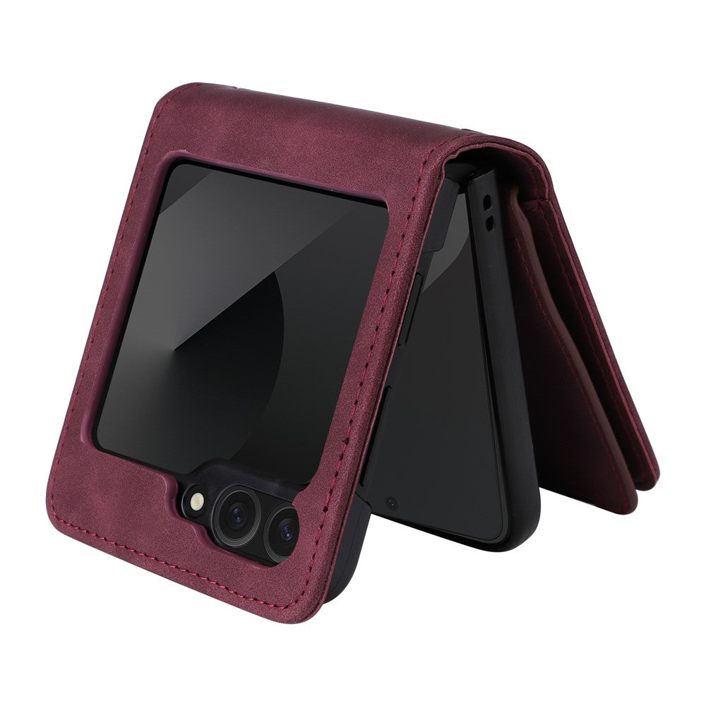 For Samsung Galaxy Z Flip7 FE 5G / Z Flip6 5G Leather Case Zipper Wallet Phone Cover with Shoulder Strap - Wine Red
