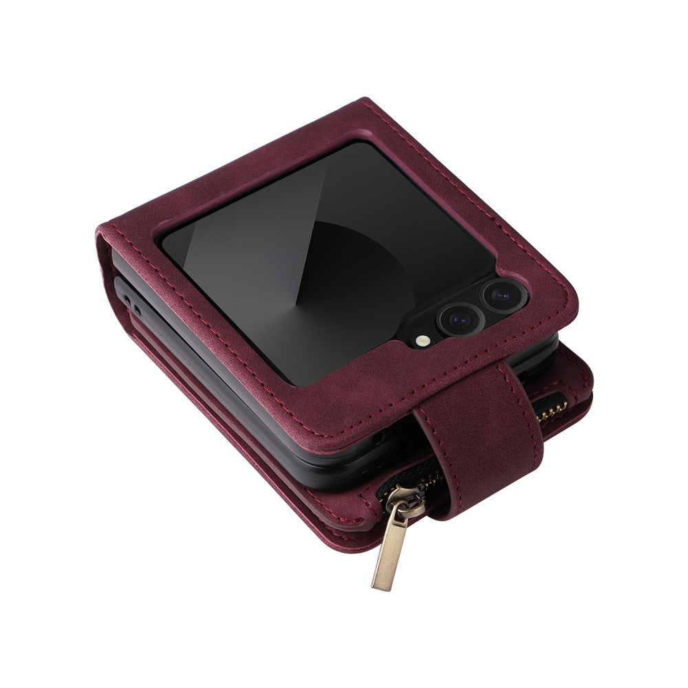 For Samsung Galaxy Z Flip7 FE 5G / Z Flip6 5G Leather Case Zipper Wallet Phone Cover with Shoulder Strap - Wine Red