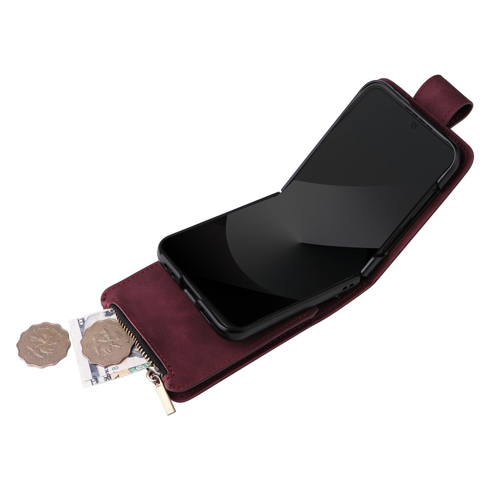 For Samsung Galaxy Z Flip7 FE 5G / Z Flip6 5G Leather Case Zipper Wallet Phone Cover with Shoulder Strap - Wine Red