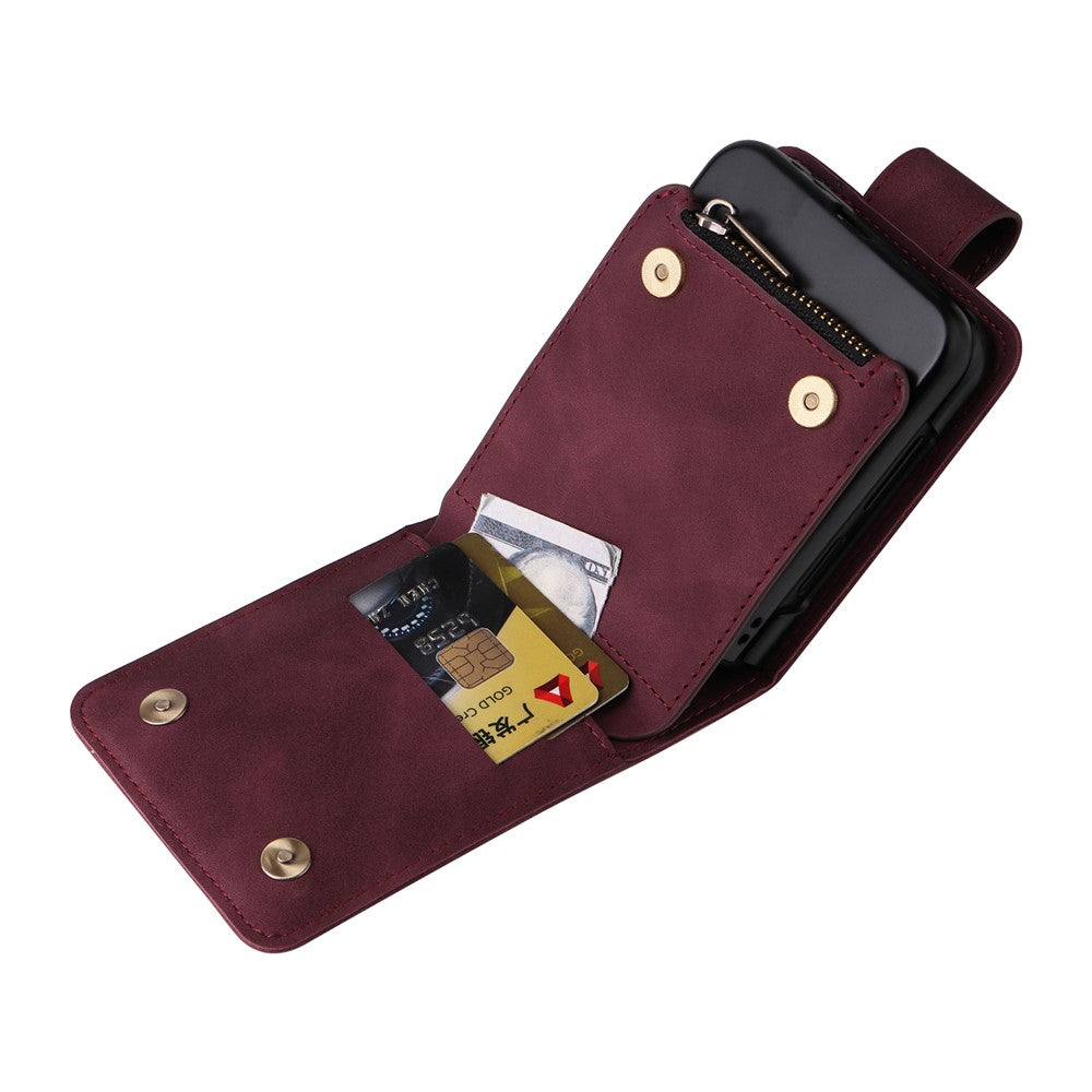For Samsung Galaxy Z Flip7 FE 5G / Z Flip6 5G Leather Case Zipper Wallet Phone Cover with Shoulder Strap - Wine Red