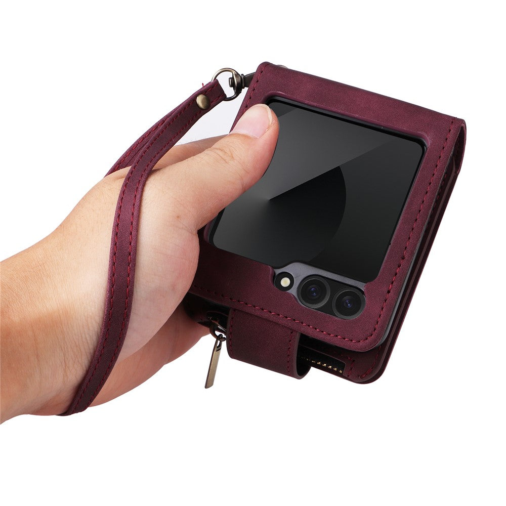 For Samsung Galaxy Z Flip7 FE 5G / Z Flip6 5G Leather Case Zipper Wallet Phone Cover with Shoulder Strap - Wine Red