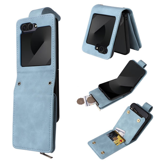 For Samsung Galaxy Z Flip7 FE 5G / Z Flip6 5G Leather Case Zipper Wallet Phone Cover with Shoulder Strap - Sky Blue