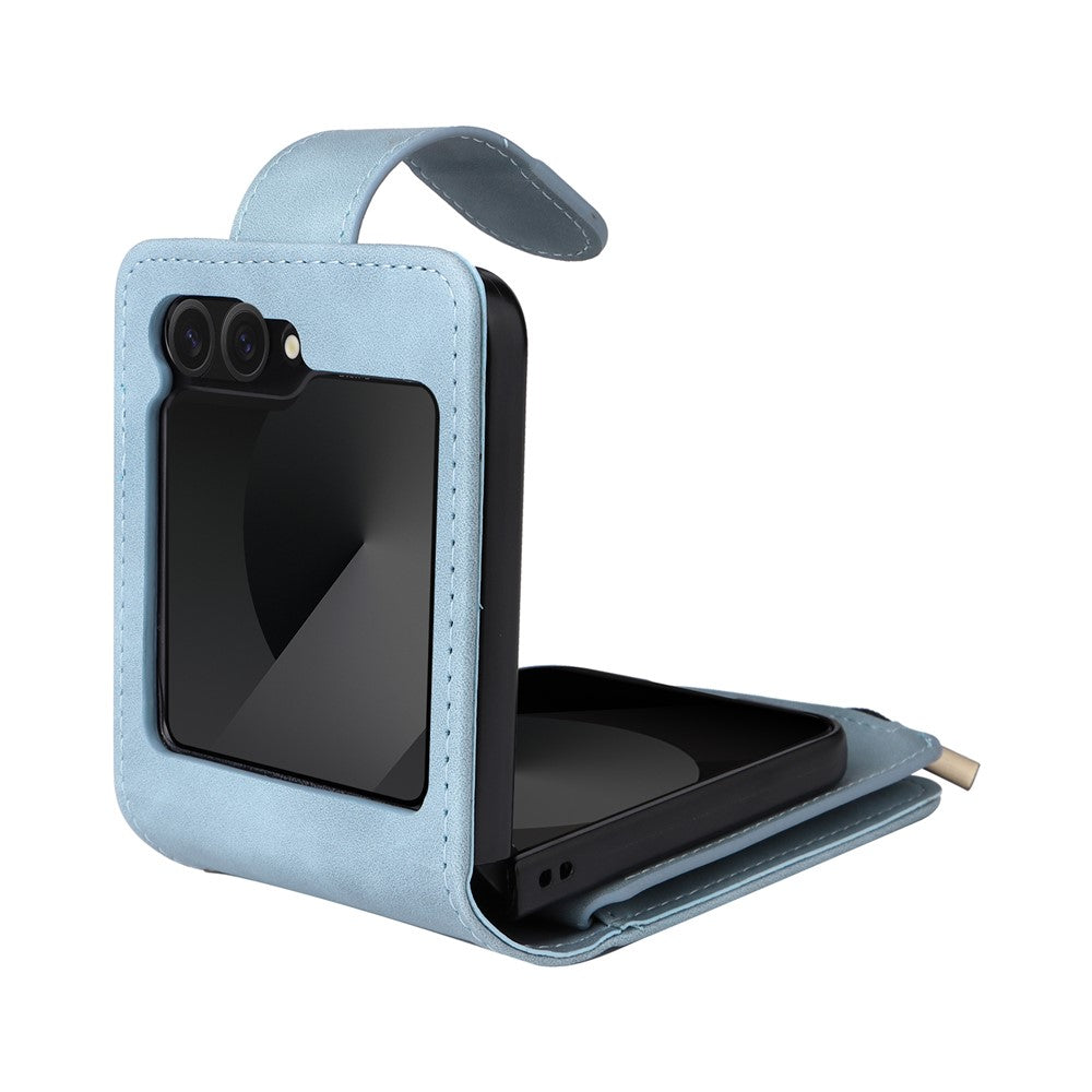 For Samsung Galaxy Z Flip7 FE 5G / Z Flip6 5G Leather Case Zipper Wallet Phone Cover with Shoulder Strap - Sky Blue