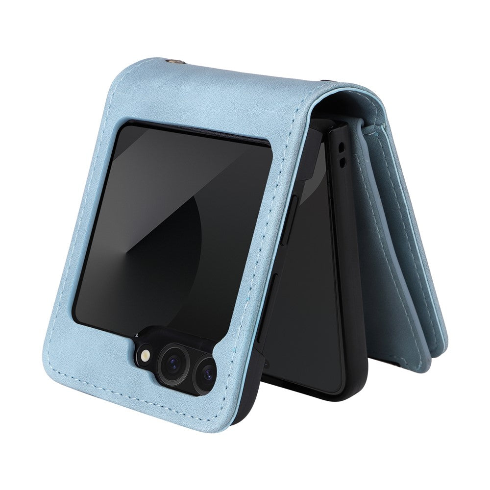 For Samsung Galaxy Z Flip7 FE 5G / Z Flip6 5G Leather Case Zipper Wallet Phone Cover with Shoulder Strap - Sky Blue