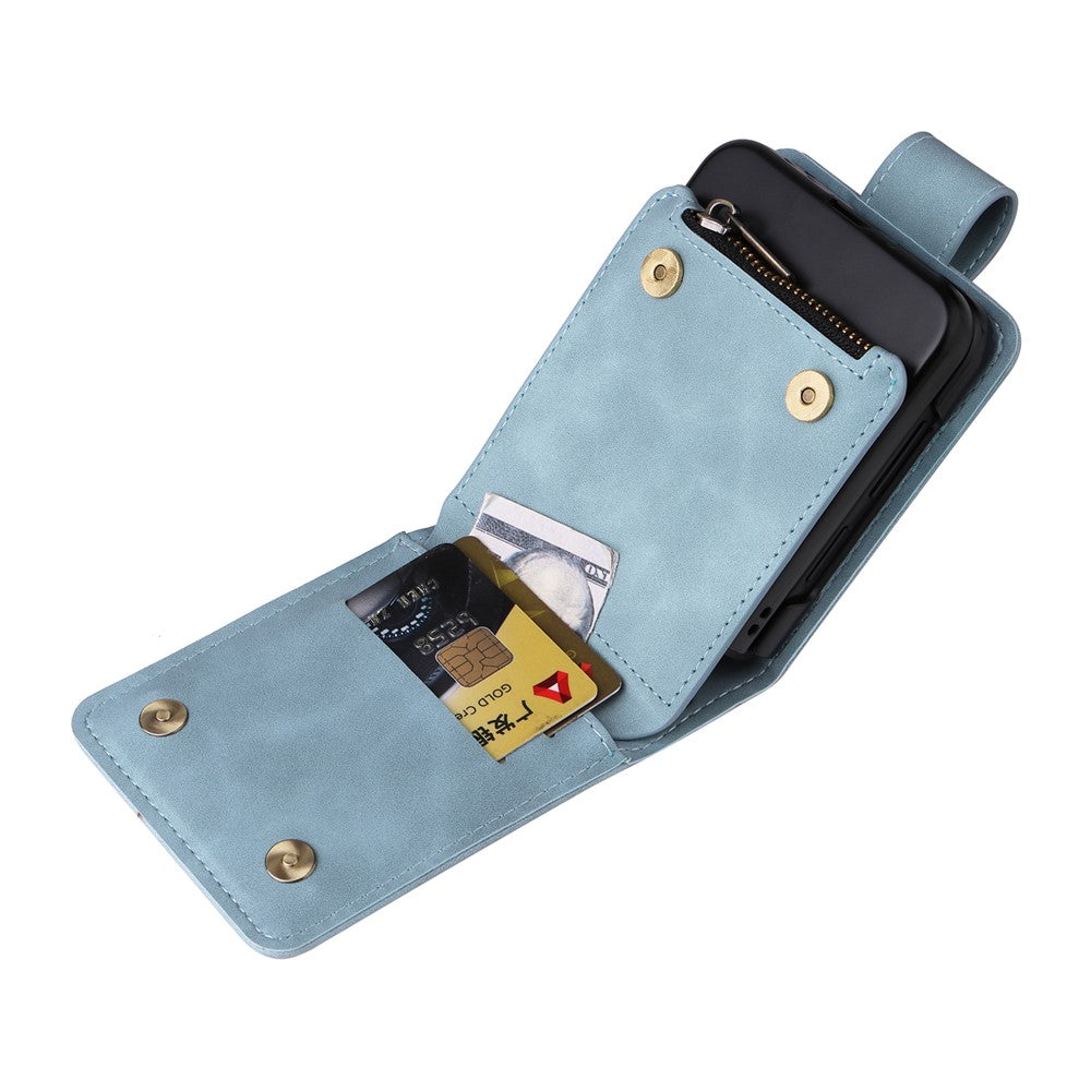 For Samsung Galaxy Z Flip7 FE 5G / Z Flip6 5G Leather Case Zipper Wallet Phone Cover with Shoulder Strap - Sky Blue
