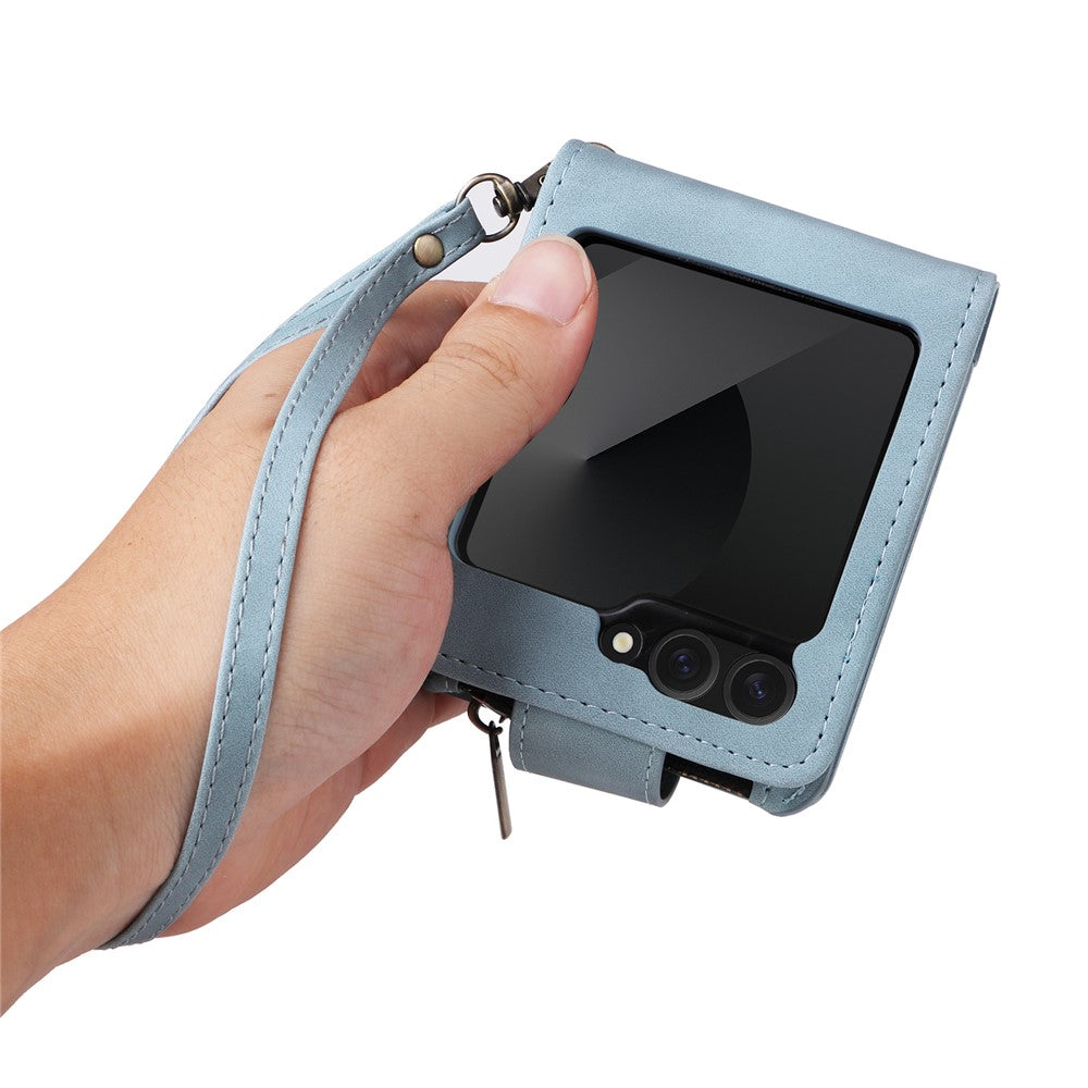 For Samsung Galaxy Z Flip7 FE 5G / Z Flip6 5G Leather Case Zipper Wallet Phone Cover with Shoulder Strap - Sky Blue