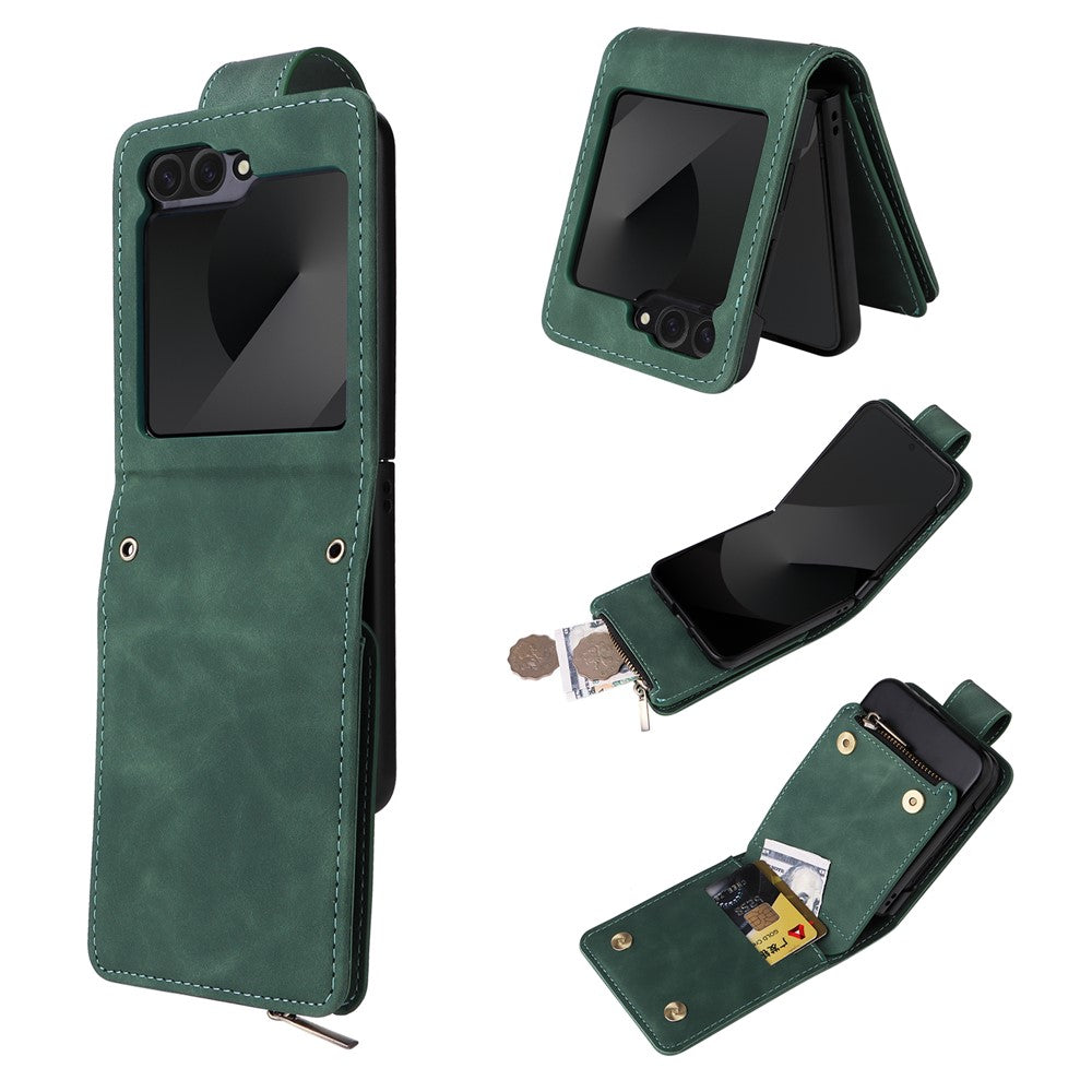For Samsung Galaxy Z Flip7 FE 5G / Z Flip6 5G Leather Case Zipper Wallet Phone Cover with Shoulder Strap - Green