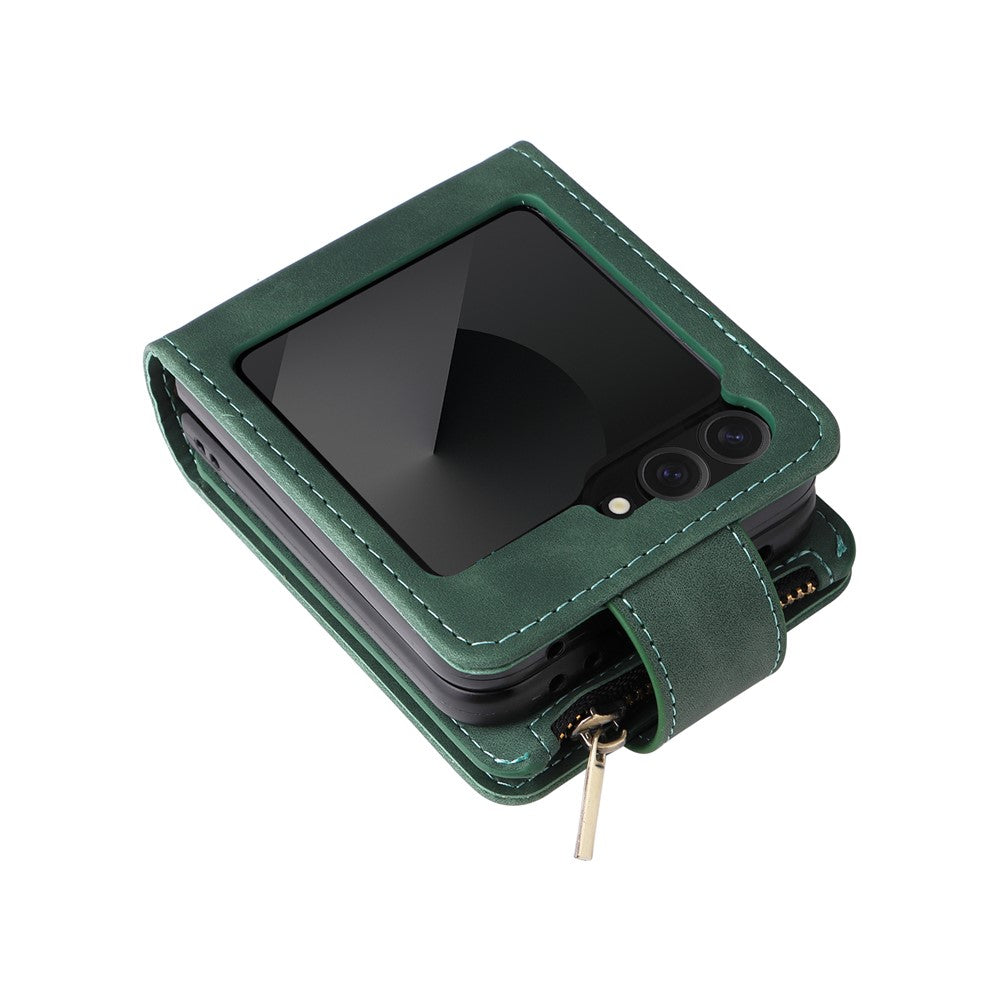 For Samsung Galaxy Z Flip7 FE 5G / Z Flip6 5G Leather Case Zipper Wallet Phone Cover with Shoulder Strap - Green