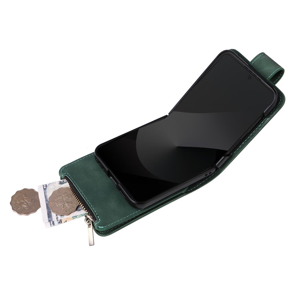 For Samsung Galaxy Z Flip7 FE 5G / Z Flip6 5G Leather Case Zipper Wallet Phone Cover with Shoulder Strap - Green
