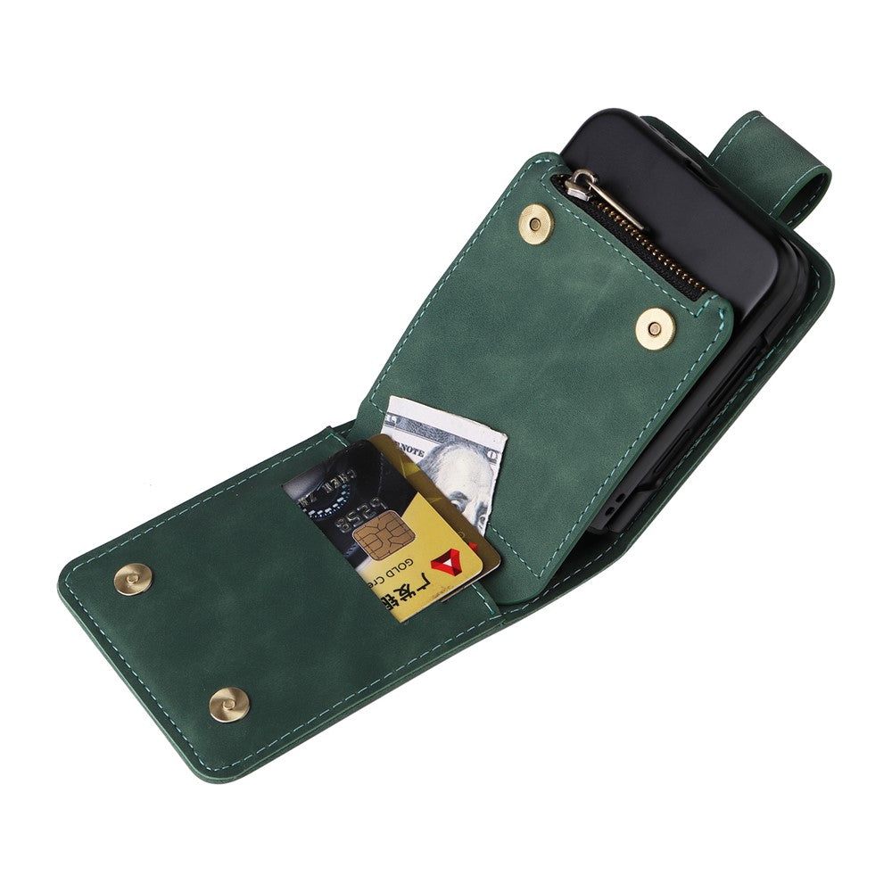 For Samsung Galaxy Z Flip7 FE 5G / Z Flip6 5G Leather Case Zipper Wallet Phone Cover with Shoulder Strap - Green
