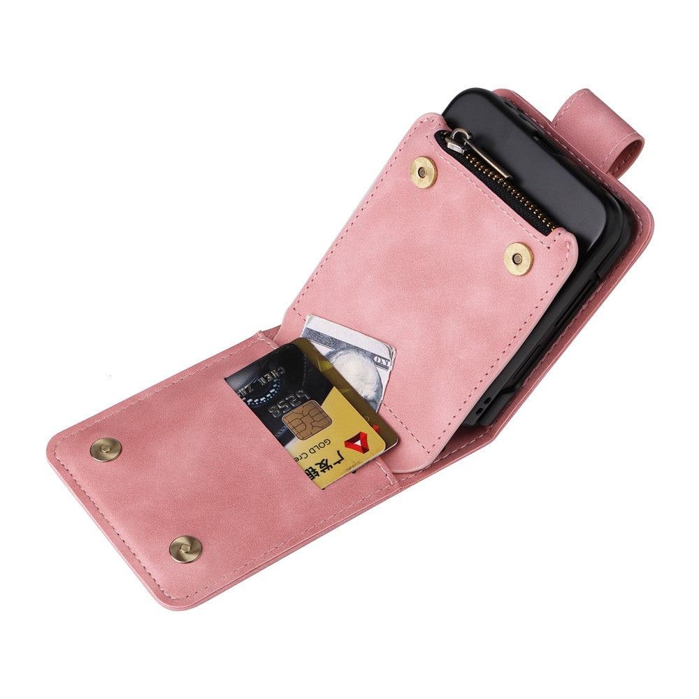 For Samsung Galaxy Z Flip7 FE 5G / Z Flip6 5G Leather Case Zipper Wallet Phone Cover with Shoulder Strap - Pink