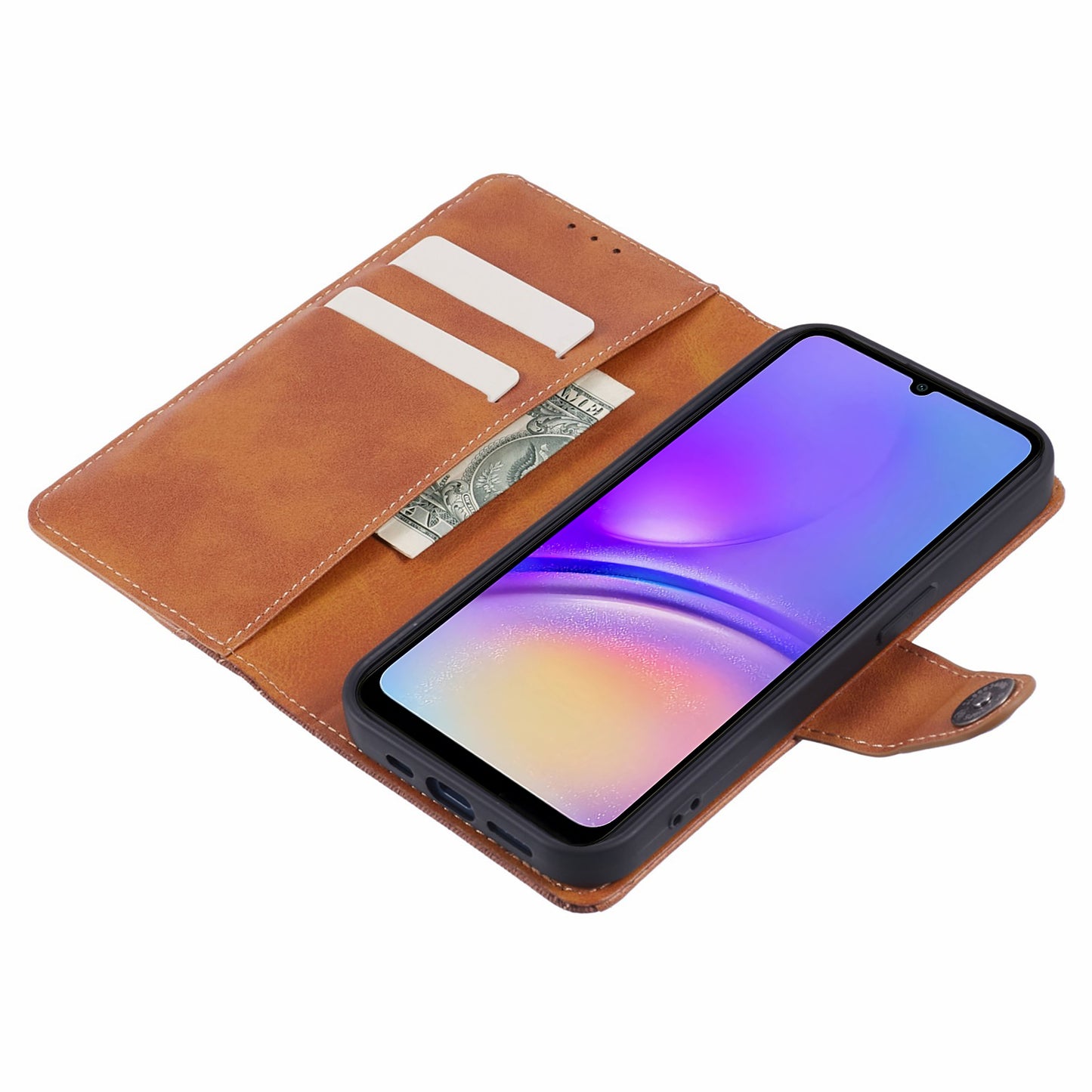 For Samsung Galaxy A06 Case Wallet Leather Phone Cover Crazy Horse Texture+Jeans Cloth Texture - Brown