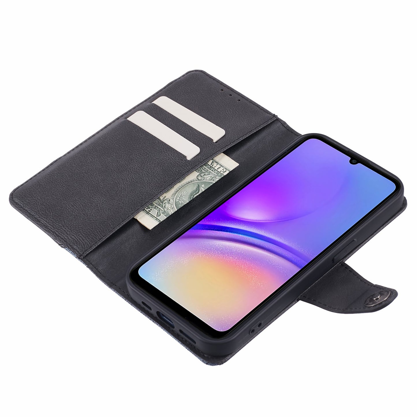 For Samsung Galaxy A06 Case Wallet Leather Phone Cover Crazy Horse Texture+Jeans Cloth Texture - Black