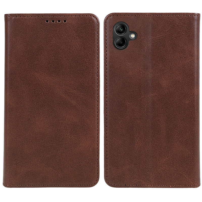 For Samsung Galaxy A06 Case Leather Wallet Phone Cover Calf Texture Hidden Magnetic Closure - Brown