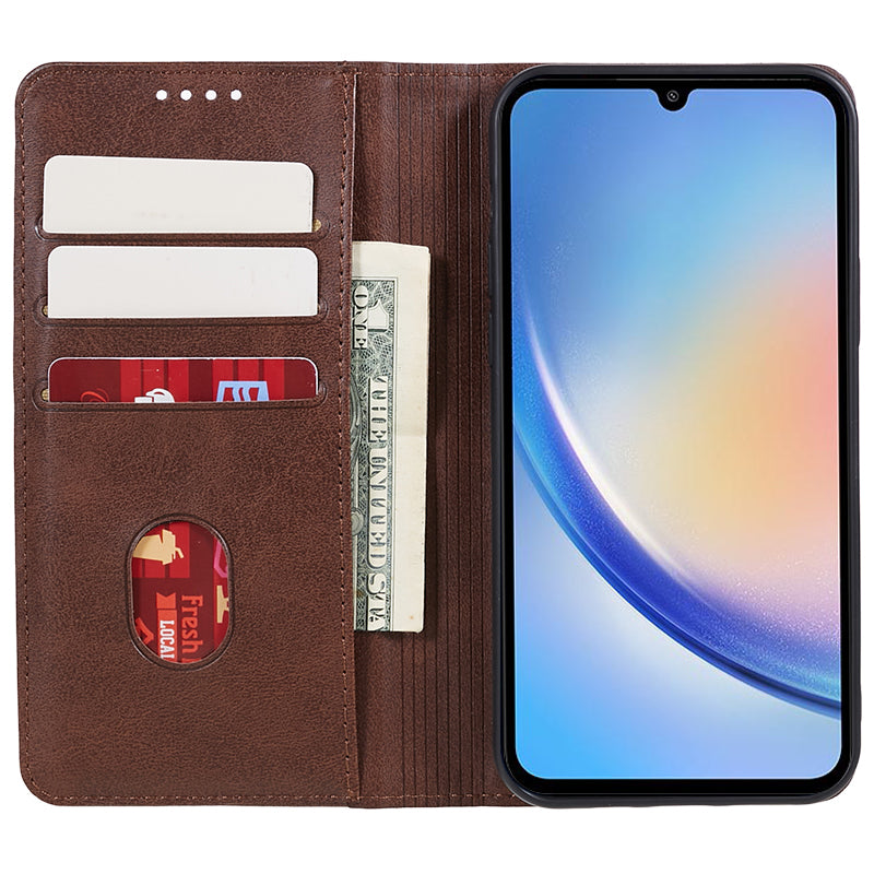 For Samsung Galaxy A06 Case Leather Wallet Phone Cover Calf Texture Hidden Magnetic Closure - Brown
