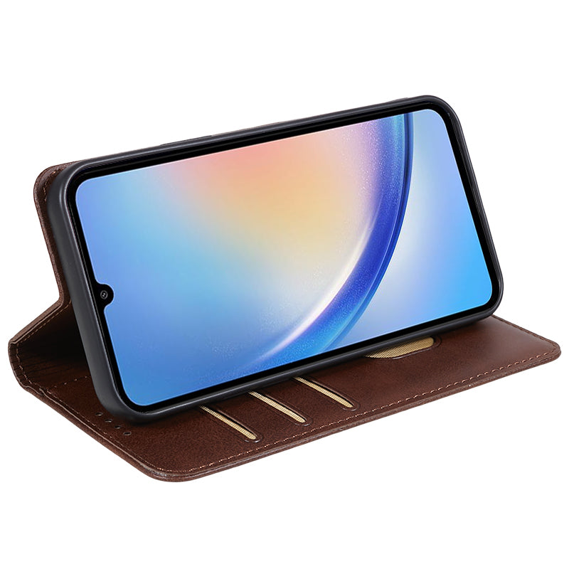 For Samsung Galaxy A06 Case Leather Wallet Phone Cover Calf Texture Hidden Magnetic Closure - Brown