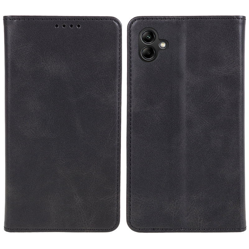 For Samsung Galaxy A06 Case Leather Wallet Phone Cover Calf Texture Hidden Magnetic Closure - Black