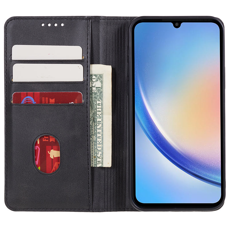 For Samsung Galaxy A06 Case Leather Wallet Phone Cover Calf Texture Hidden Magnetic Closure - Black