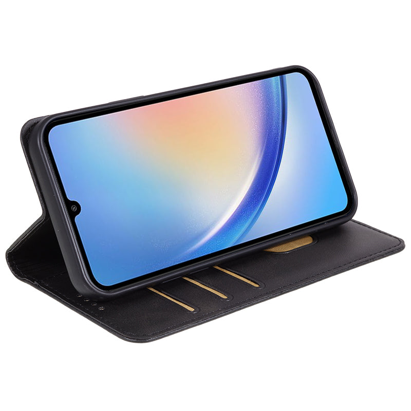 For Samsung Galaxy A06 Case Leather Wallet Phone Cover Calf Texture Hidden Magnetic Closure - Black