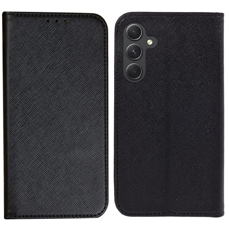 For Samsung Galaxy A16 5G / A16 4G Case PU Leather Cross Texture Phone Cover Strong Magnetic Suction - Black