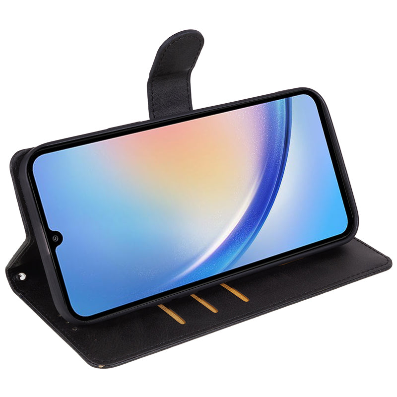 For Samsung Galaxy A16 5G / A16 4G Case PU Leather Stand Magnetic Closure Phone Cover Calf Texture - Black