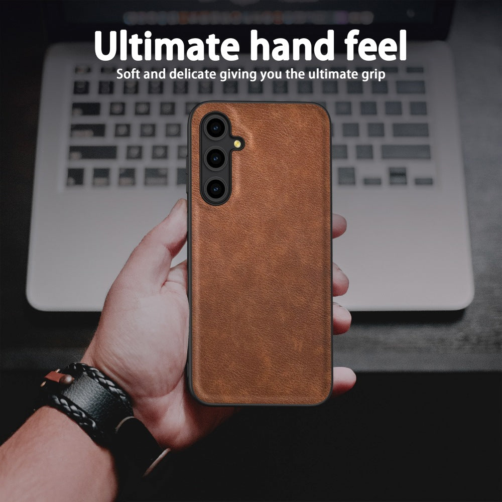 For Samsung Galaxy A16 5G / A16 4G Case Retro Leather Coated PC+TPU Anti-Shock Phone Cover - Brown