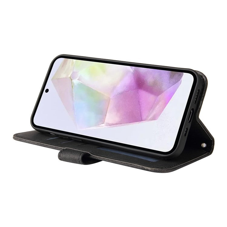 For Samsung Galaxy M35 5G Leather Wallet Cases Skin Touch Phone Cover Stand with Strap - Black