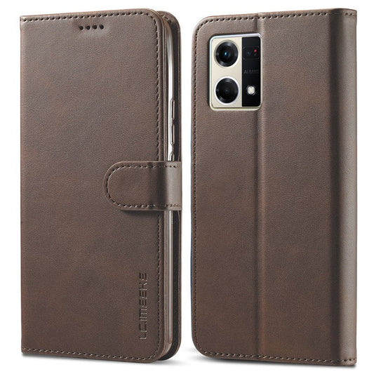 LC.IMEEKE For Oppo Reno8 5G (Global Version) Wallet Case PU Leather Stand Magnetic Closure Flip Folio Phone Cover - Brown