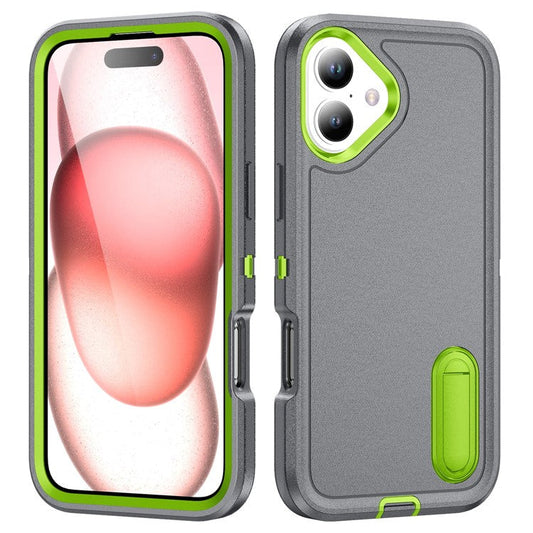 For iPhone 16 Case PC+Silicone+EVA Kickstand Drop-proof Phone Cover - Grey+Green